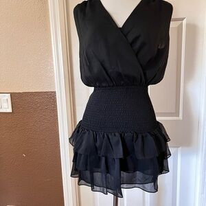 Black V Neck Sleeveless Ruffle Dress